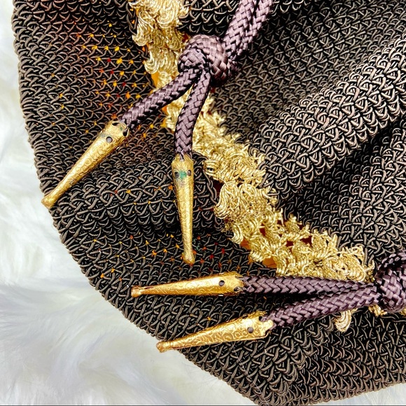 VINTAGE Crochet Drawstring Tote Clutch Evening Bag Purse Gold Boho Wristlet 60s - Picture 5 of 6